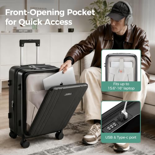 Image of Carry on Luggage Top opening Suitcases, Expandable with Cup&Phone Holder and USB Charging Port,Hardside with Front Pocket Rolling Suitcases with Spinner Wheels & YKK Zippers(Black, 20 Inch)
