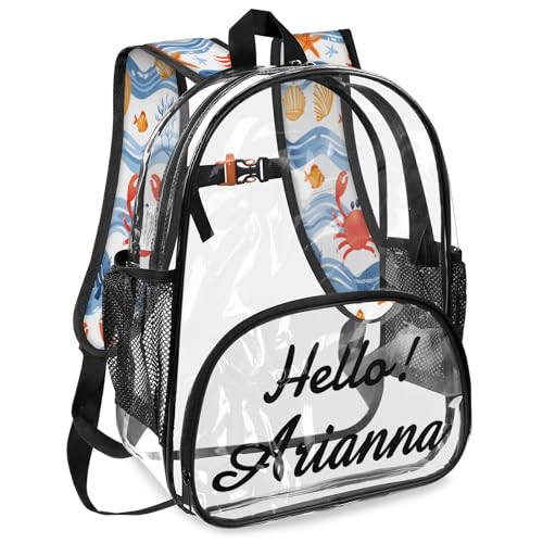 Coastal Starfish Crab Personalized Small Clear Backpack Heavy Duty for Stadium Approved Custom Summer Beach PVC Transparent Backpack with Name See Through Bag for Concerts2