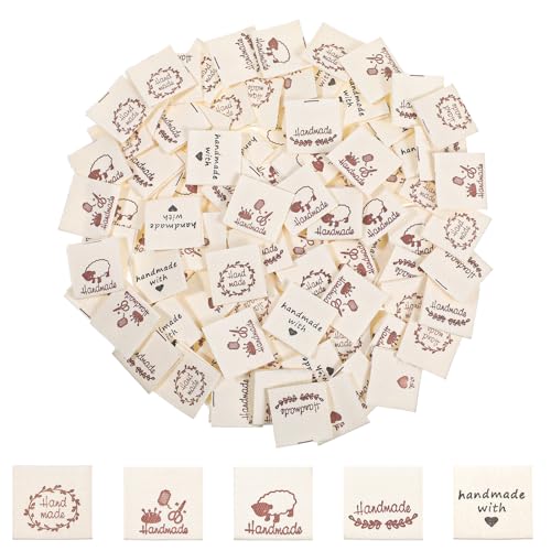 DOPENSPI 100 Pcs Sewing Labels for Handmade, 5 Style Fabric Labels Cotton Sewing Tags Handmade with Love Label for Clothing Personalized DIY Crafts Knitting Crocheting