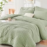 Picture of HYMOKEGE Light Green California King Comforter Set Seersucker 7 Pieces, All Season Luxury Bed in a Bag for Bedroom, Bedding Set with Comforters, Sheets, Pillowcases & Shams
