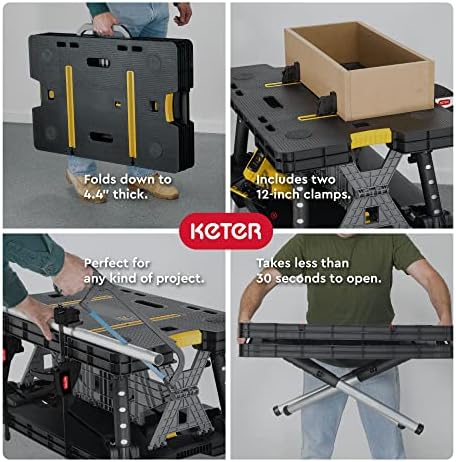 Keter Stand, Woodworking Tools and Accessories with Included 12 Inch Wood Clamps  Easy Garage Storage, Black/Yellow, Weight Capacity: 1000 lbs