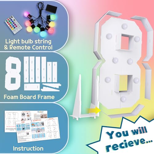 Image of Imprsv Colorful 3FT Marquee Numbers 8, 18 Colors Large Light up Numbers | RGB with Remote, Birthday Party Decorations Anniversary Wedding Decorations Assembly Required 21 Pcs Accessory Set