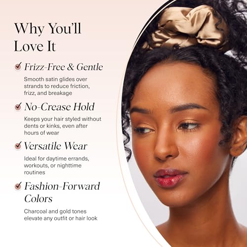 Image of Kitsch Satin Scrunchies for Women - No Crease, Frizz Control | Softer Than Silk Scrunchies Gentle On Hair Scrunchies for All Hair Types | Stylish Hair Accessories - Charcoal & Gold, 2pcs