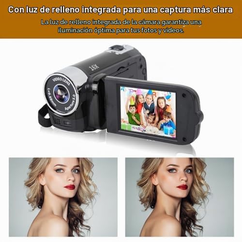 Cámara de Video para Vlogging, Videocámara Full HD 1080P, Zoom Digital 16X 16MP, Pantalla Giratoria TFT de 2.7in, con Luz de Relleno y Puerto USB, Captura Momentos Maravillosos (Negro)