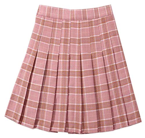 NAWONGSKY Pink Plaid Skirt, Women's Girls Elastic Waist Pleated School Uniform Cosplay Costume Skirt, Pink Plaid, Tag XL = US L