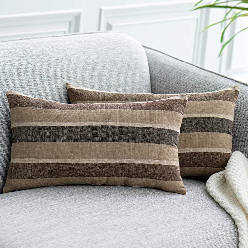 NATUS WEAVER 2 Pieces Decorative Classic Retro Stripe Throw Pillow Cover Soft Faux Linen Modern Farmhouse Lumbar Cushion Case for Sofa Bedroom Car 12 x 18 Inch Black Brown Mixed