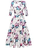 DRESSTELLS Damen Cocktailkleid 3/4 Arm Rundauschnitt Rockabilly Kleid Knielang Vintage Retro Kleider Faltenrock White Flower 3XL