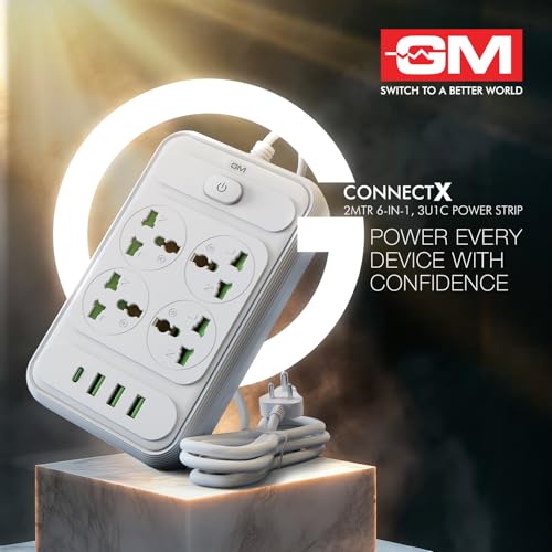Image of GM G+ ConnectX 6-in-1 Powerstrip with Type-C, 4 Universal Sockets, 3 USB, 2500W, 2M Cable, Master Switch, Surge Protection | Extension Board for Home & Office