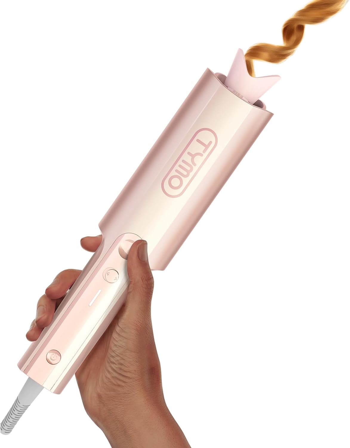 Upgraded Automatic Rotating Curling Iron – TYMO CurlPro Plus Long Barrel Curling Wand for Long Hair, Ceramic Hair Curler for Women, Anti-Scald, Tangle-Free, 600M Ionic, Dual Voltage,Gold Blush, 1 Inch