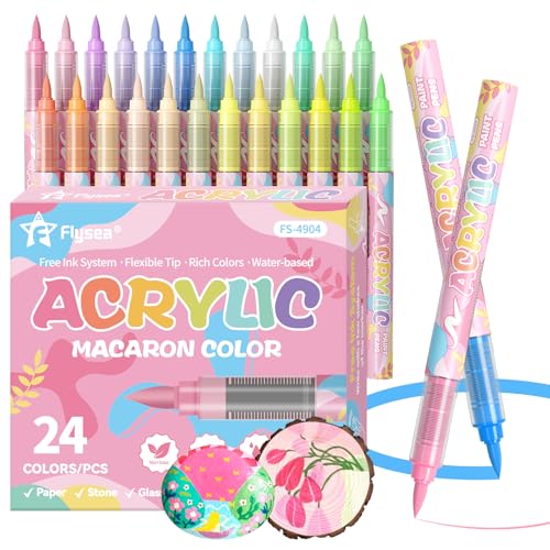Alitastro 24 Pastel Colors Acrylic Paint Pens Waterproof Acrylic Paint Markers Soft Brush Tip Acrylic Markers with Automatic Ink Control for Rock Painting Wood Ceramic Glass Egg