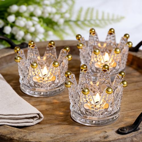 Rubtlamp 12 Pack Clear Gold Crown Candle Holder, Glass Tealight