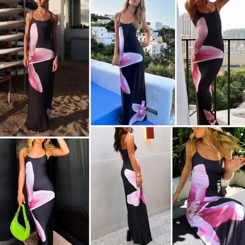 Image of Womens Summer Casual Floral Dresses Spaghetti Strap Bodycon Maxi Beach Dress Elegant Evening Party Long Dresses