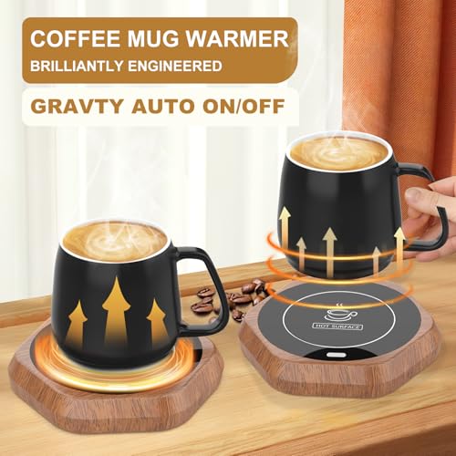 Image of Coffee Mug Warmer for Desk - Wooden Auto Shut Off Drink Warmer for Milk Tea Water Cocoa - Smart Beverage Heating Candle Wax Plate - Hexagonal
