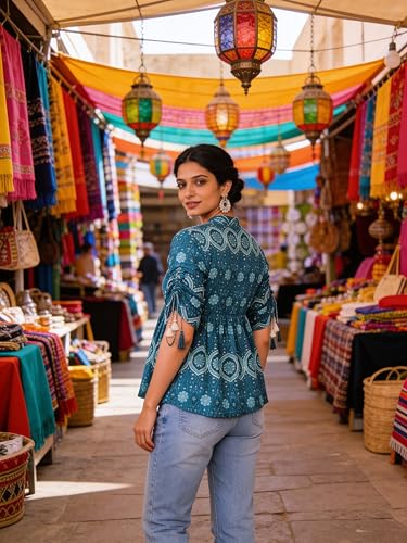 Image of Lymio Women's Printed Short Kurti Top | Rayon Mandarin Collar Casual Ethnic Tunic | Summer Printed Top (K-249)