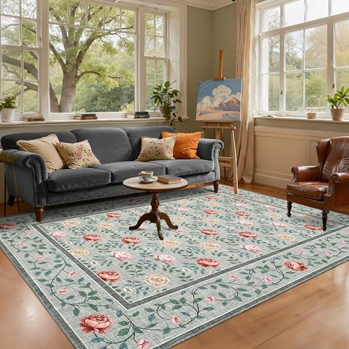 GarveeHome Floral Washable 6x9 Area Rugs, Boho Rugs for Living Room Soft Low Pile Ultra-Thin Non-Slip Vintage Carpet for Dining Room Bedroom Nursery, Grey Green