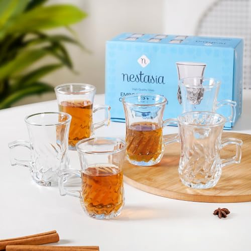 Image of Nestasia Set of 6 Transparent Glass Tea Cups (150ml Each) - Swirl Embossed Durable & 100% Food-Safe Coffee Mugs | Perfect for Coffee, Tea, Hot & Cold Beverages
