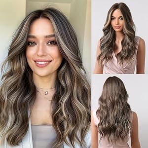 HAIRCUBE Brown Curly Wigs for Women with Middle Parting, Synthetic Hair Wig with Highlights