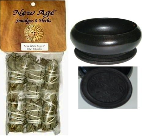 New Age 3 Pack Smudge Cedar Sage, White Sage and Blue Sage Set with 'Uplifiting Therapies' Black Smudge Pot Smudging Kit