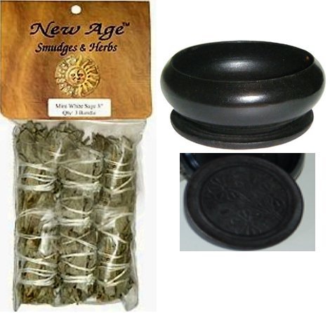 New Age 3 Pack Smudge Cedar Sage, White Sage and Blue Sage Set with 'Uplifiting Therapies' Black Smudge Pot Smudging Kit