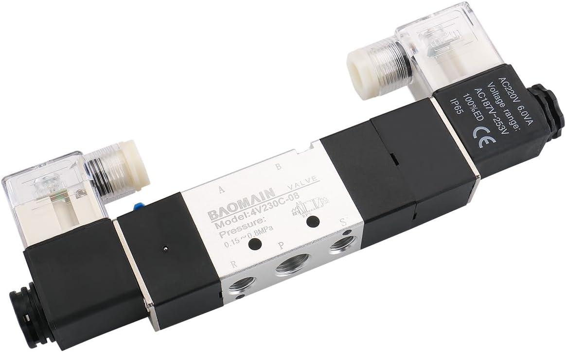 BAOMAIN 4V230C-08-6P Pneumatic Solenoid Valve Manifold Set 3 Position 5 Way PT 1/4 Air Control Valve 6-Station Block for Industrial Automation Systems AC 110V
