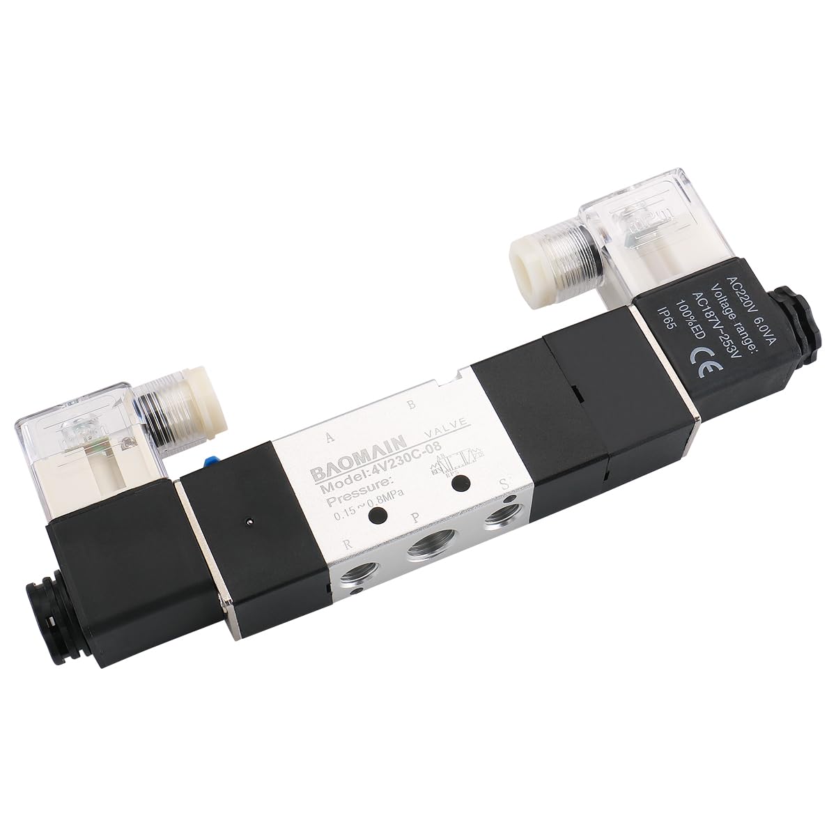 BAOMAIN Colector de 6 Estaciones con Electroválvulas Neumáticas 24V DC, Válvula de Aire 5/3 Vías 1/4" PT 4V230C-08, Kit Completo con Base y Silenciadores para Automatización Industrial