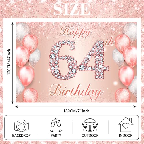 Image of Happy 64th Birthday Rose Gold Banner Cheers to 64 Years Old Backdrop Confetti Balloons Theme Decor for Women 64 Years Old Pink Birthday Party Decorations Bday Supplies Background Favors Gift Glitter
