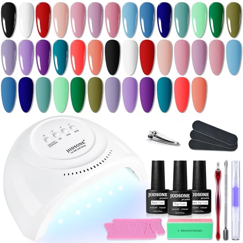 JODSONE Gel Nail Polish Kit with U V Light 32 Colors Gel Polish Nail + 4 Functional Adhesive Bottles Kit Soak Off Manicure Tools 36 PCS