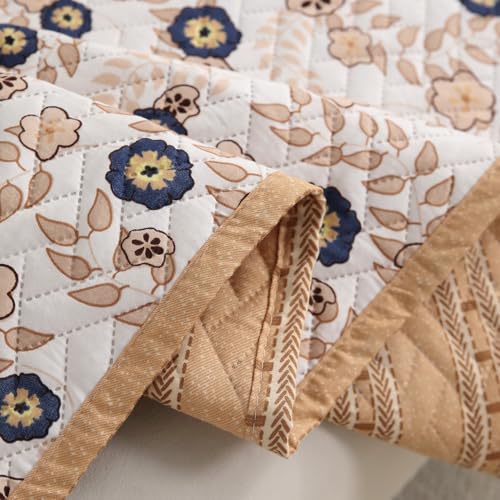 Image of HOKIPO 'HomeHues Series' Printed Quilted Sofa Seat Mat for 3 Seater Sofa with 2 Armrest Covers with Pockets, Light Peach Candytuft (IN-809-D6 + IN-814-D6*2)