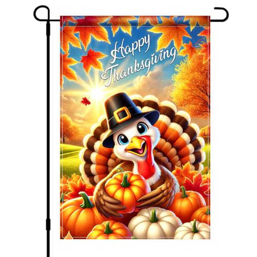 Image of BlissYard Happy Thanksgiving Garden Flag Cute Turkey Pumpkin 12x18 Inch | Double sided polyester, Happy Thanksgiving turkey design, cheerful harvest decor for porch and yard