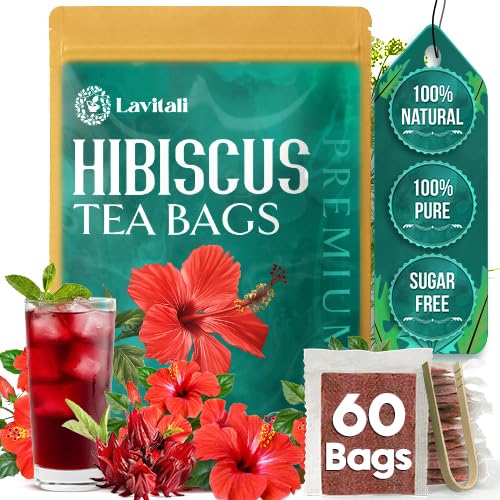 Lavitali, Bolsas de té de hibisco  60 bolsas, té de hierbas 100% puro  Sin cafeína, bolsas de filtro ecológicas ricas en antioxidantes  Infusión