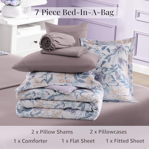 CASAAGUSTO Full Comforter Set, 7 Pieces Bed in a Bags Bed in a Bag Full Purple Iris Floral Comforter Set with Flowers Leaves Pattern, Soft Seersucker Design All Season Full Size Bedding Set by CASAAGUSTO - Image 8