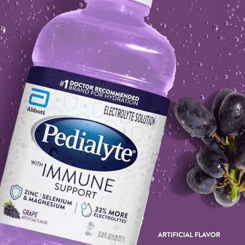 Image of Pedialyte with Immune Support Electrolyte Solution, Hydration Drink with Zinc, Selenium, and Magnesium, Grape, 1 Liter, Pack of 4