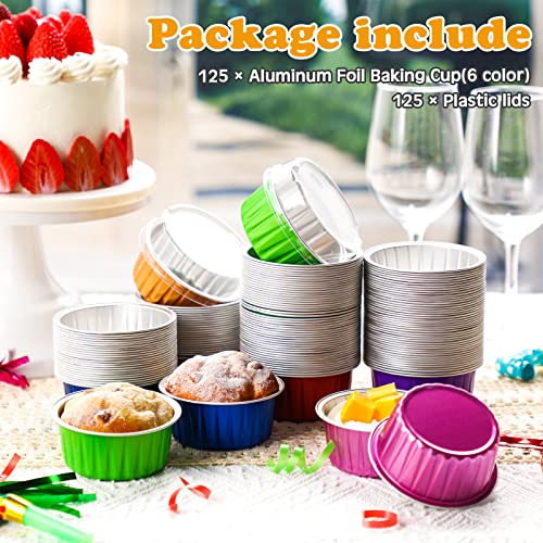 150 Pcs Aluminum Foil Baking Cups With Lids 5 Oz Disposable Ramekins For Baking Aluminum Pans Dessert Baking Cups Holders Muffin Tin For Bakery Birthday Wedding Party, 6 Colors #TOP2