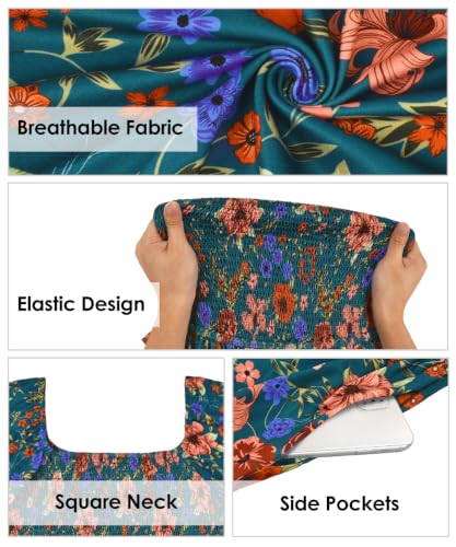 Image of RITERA Plus Size Dresses for Curvy Women Square Neck Short Sleeve Summer Floral Smocked Maxi Dress with Pocket XL-5XL