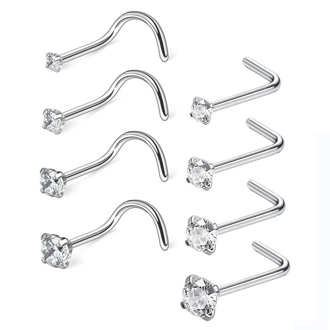 LEEQ20 Gauge Curved Nose Studs inless Steel Nose Rings Cubic Zirconia Piercing Body Jewelry, Screw and L Bend Shape, 8 Pieces by LEEQ