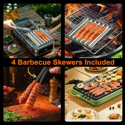 KAYCROWN Hot Dog Roller for Grill Stainless Steel BBQ Hot Dog Grill Roller with Wooden Handle, Sausage Roller Rack for Evenly Cooked Hot Dogs, 4 BBQ Skewers Included, 5 Hot Dog Capacity, Large
