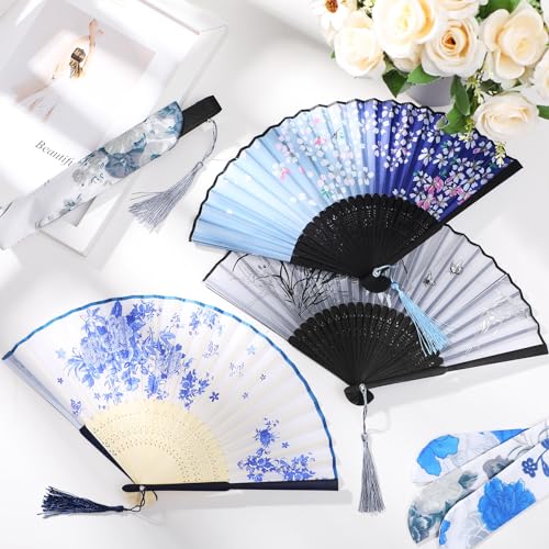 image for Zonon 4 Pack Handheld Floral Folding Fans Hand Held Silk Bamboo Fans w