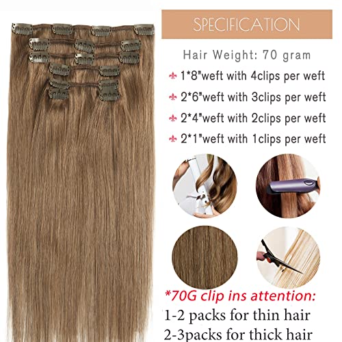 Hair Extensions Clip In Human Hair Extensions, Ash Brown Hair Extensions Clip In Human Hair Remy Hair Extensions 70G 7Pcs 12Inch Silky Straight Brown Natural Human Hair Clip In Extensions(12"#8) #TOP3