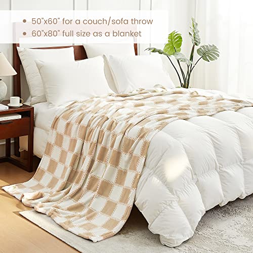 Cozy Bliss Beige Checkered Throw Blanket Ultra Soft Warm Milky Plush Fleece Blanket Checkerboard Grid Blanket For Couch Bed Sofa, Beige 50"X60" #TOP4