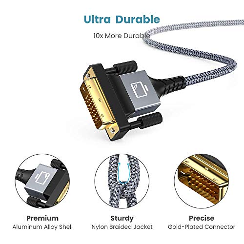 DVI to DVI Cable, Capshi DVI-D 24+1 Nylon Braid Cable 6.6FT, DVI-D to DVI-D Dual Link Cable with Ferrite Core Support 1920x1080 60HZ for Gaming, DVD, Laptop, HDTV and Projector(Grey)