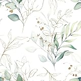 decomonkey Fototapete selbstklebend Tapetenrolle 10 m Tapete Vliestapete Deko Panel Modern Design Wanddeko Wohnzimmer Schlafzimmer Wandtapete | Natur Pflanzen Laub Gold Blumen Grün Blätter Design Weiß