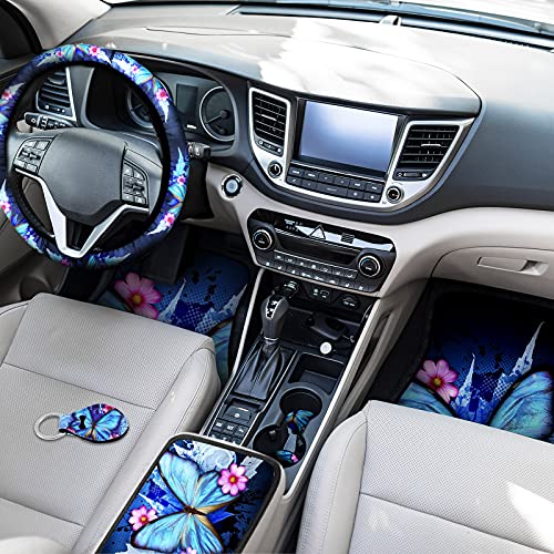 19 Pcs Butterfly Car Seat Covers Full Set For Women Butterfly Universal Car Accessories Rubber Steering Wheel Cover Gear Shift Front Rear Foot Mats Armrest Shoulder Pads For Cars Suv #TOP3