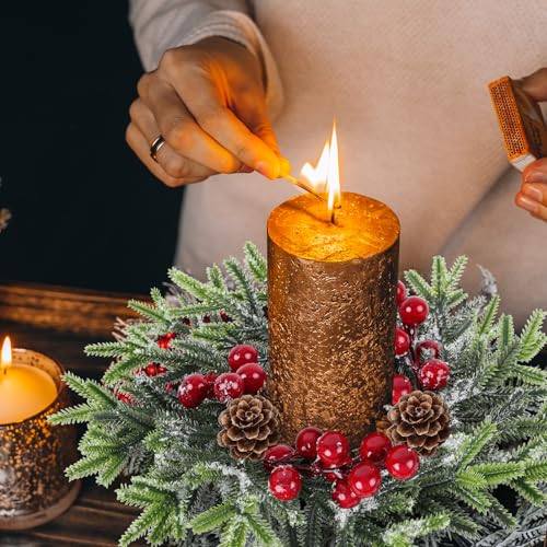 Image of 18 Pcs Christmas Candle Rings Wreath Mini Christmas Table Centerpieces Red Berry Pinecones Wreaths for for Front Door Kitchen Cabinet Holiday Party Farmhouse Porch Wall Outdoor Indoor Home Decoration
