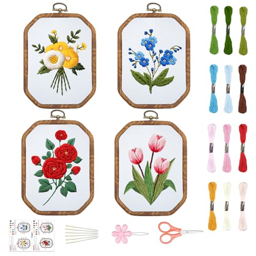 Image of ORIGACH 4 Set Embroidery Kit for Beginners Adults, DIY Flowers Embroidery Starter Kit with Stamped Patterns Instructions Embroidery Hoop Needles Threads for Crafting