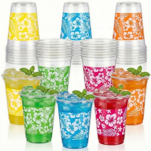 50 PCS 12oz Plastic Cups Hawaiian Luau Party Decorations Disposable Drinking Cups for Tropical Aloha Pool Beach Summer Birthday Themed Party Supplies (Hawaiian)