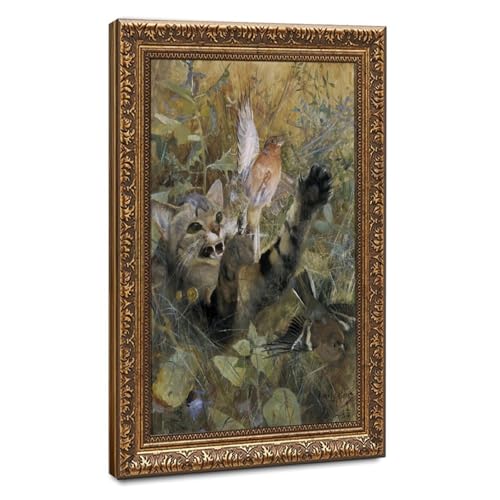 Toile chat et pinson Bruno Liljefors décoration murale prête à poser 61x91