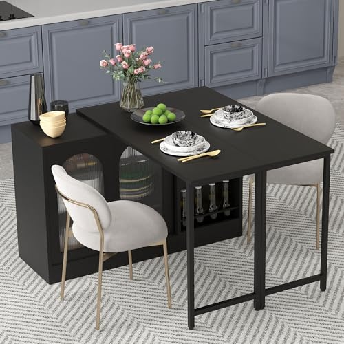 KAZZIO Tavolo da bar moderno, allungabile, girevole a 360°, con vano portaoggetti, reversibile, con porta in vetro, tavolo da bar per cucina, bar, mobili (nero)