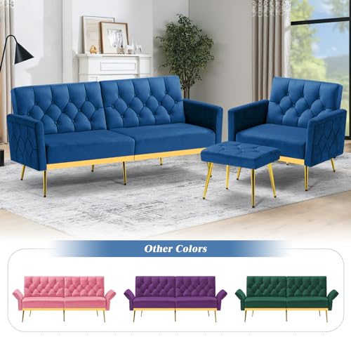 Image of Velvet Sofa Bed w /Adjustable Armrests & Backrests, Blue