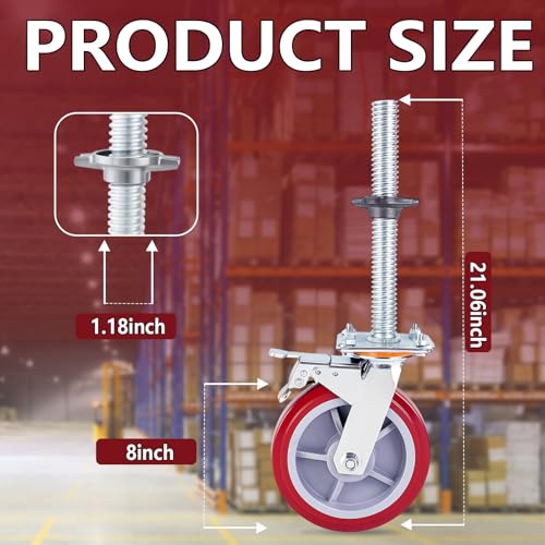 Image of 1 Pack 8 inch Adjustable Leveling Scaffolding Wheels,1-1 /5 inch OD Scaffold Screw | Heavy Duty Scaffold Leveling Jacks with Swivel Casters for Baker Scaffold, Ladder Jacks and Construction Equipment