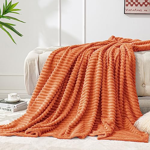 BEDELITE Ribbed Burt Orange Fleece Twin Fall Throw Blanket for Couch, 60x80